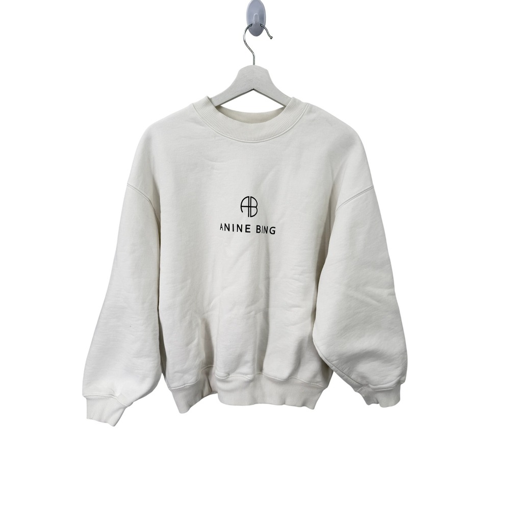 Anine Bing Sweatshirt Womens XS Ivory AB Logo Crew Neck Fleece Pullover